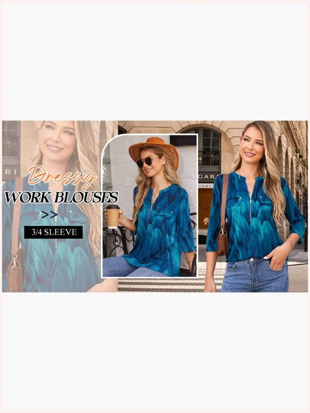 3/4 Sleeve Tunic with Leggings V-Neck Zipper Casual Blouse - Picture 6 of 7